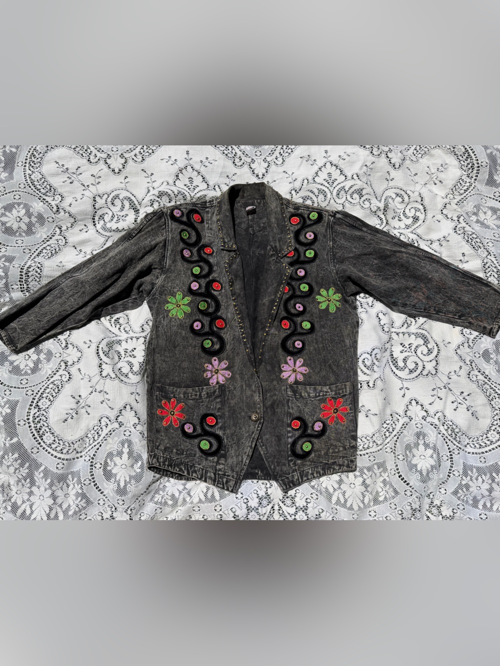 Unique Vintage Embroidered Black Denim Jacket with Floral Appliqué